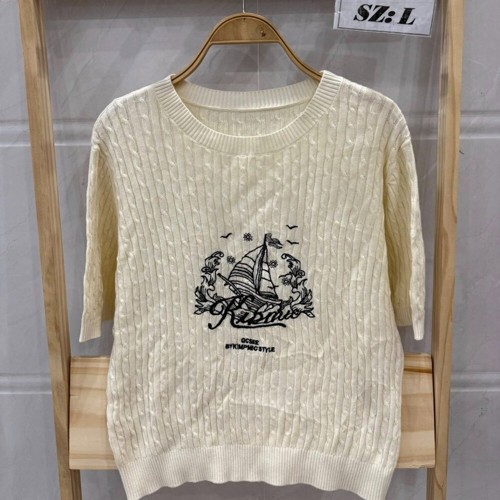 Cream Cable Knit Sailboat Embroidery Short Sleeve Sweater Top